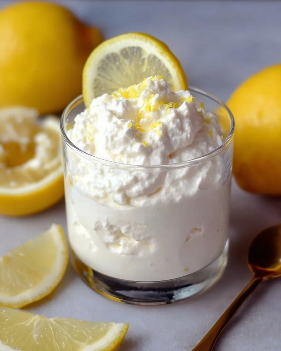 Keto Lemon Cottage Cheese Mousse served in a bowl with lemon slices