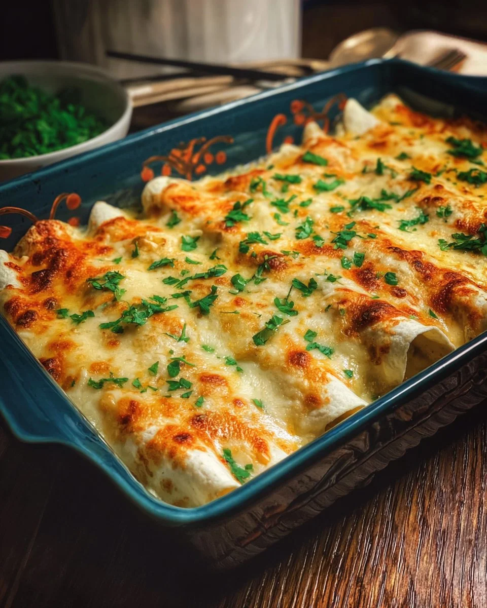 Delicious low carb white chicken enchiladas topped with cheese and green onions
