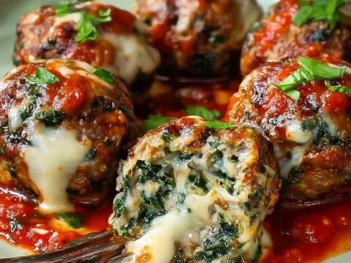 Mozzarella stuffed spinach meatballs served on a plate