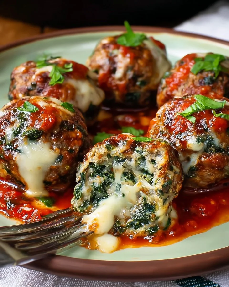 Mozzarella stuffed spinach meatballs served on a plate