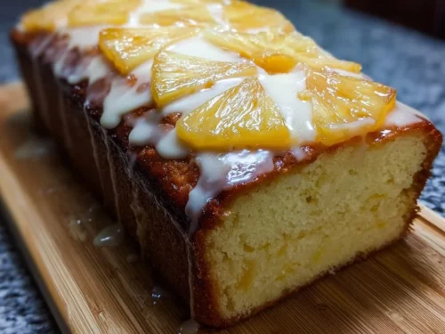 Delicious slice of Pineapple Cream Cheese Pound Cake topped with cream and pineapple
