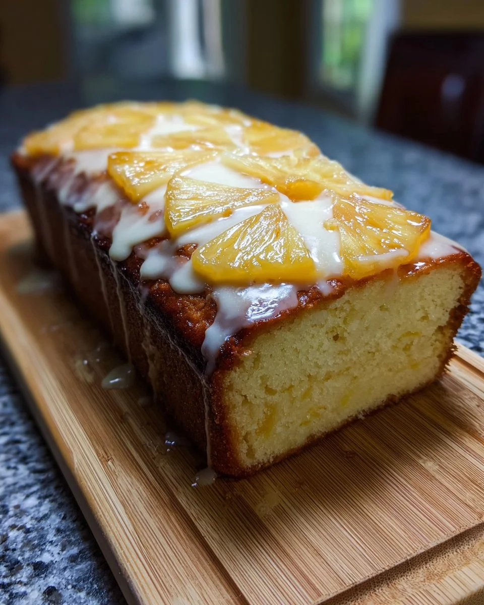 Delicious slice of Pineapple Cream Cheese Pound Cake topped with cream and pineapple