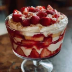 Delicious strawberry cheesecake trifle with fresh strawberries and creamy layers