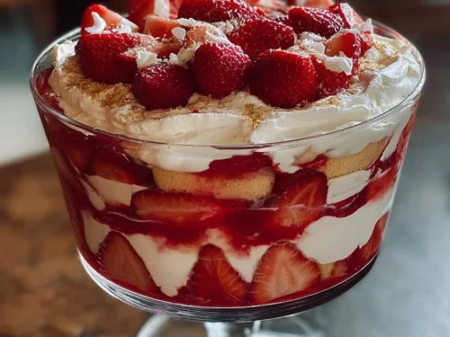 Delicious strawberry cheesecake trifle with fresh strawberries and creamy layers