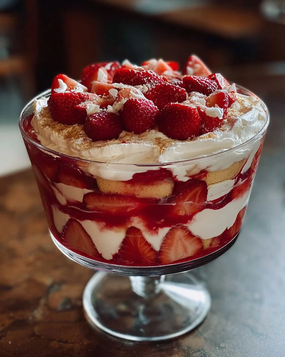 Delicious strawberry cheesecake trifle with fresh strawberries and creamy layers