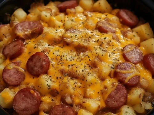 Cheesy sausage and hashbrown slow cooker meal in a bowl