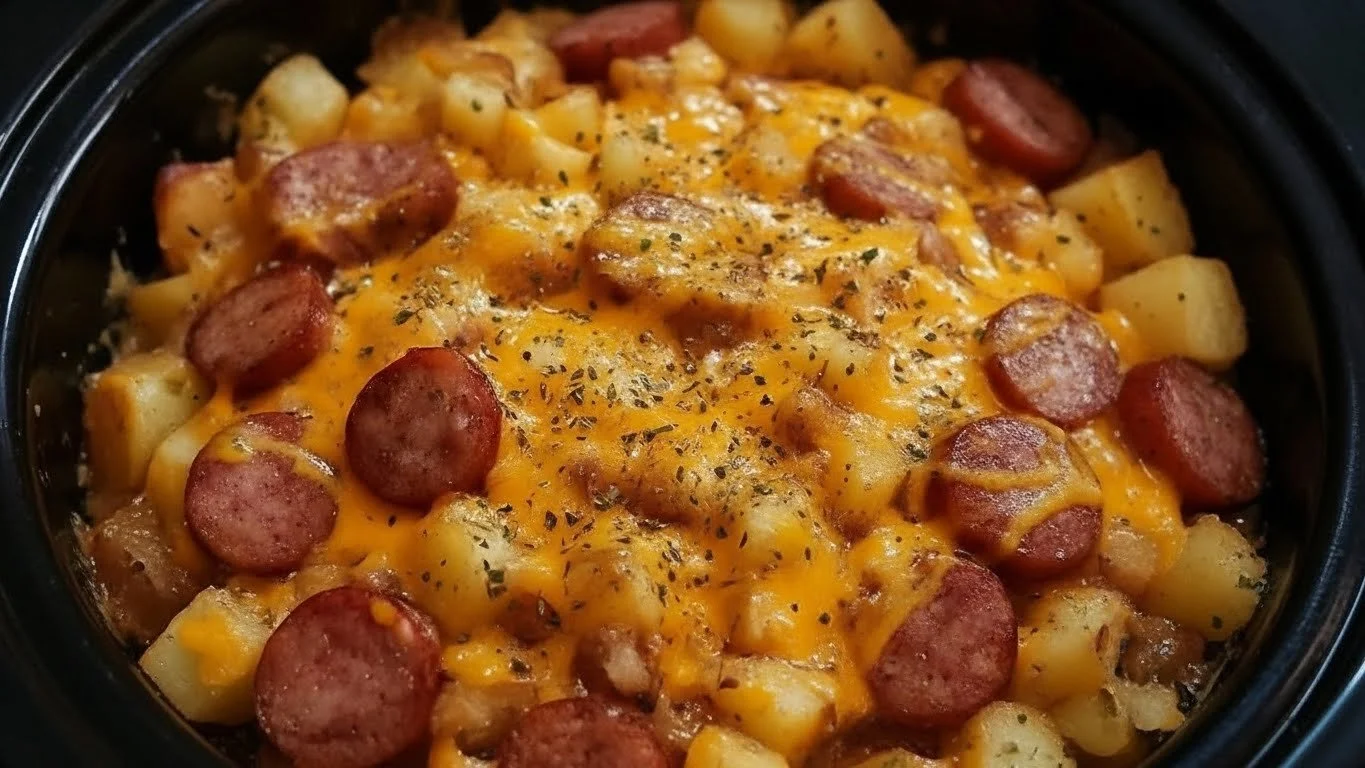 Cheesy sausage and hashbrown slow cooker meal in a bowl