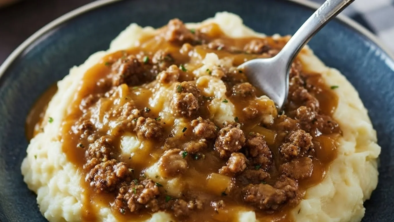 Delicious ground beef gravy over creamy mashed potatoes, a comforting meal.