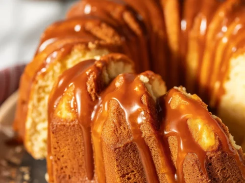 Delicious Salted Caramel Kentucky Butter Cake with a rich caramel glaze and sea salt topping