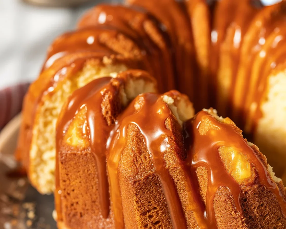 Delicious Salted Caramel Kentucky Butter Cake with a rich caramel glaze and sea salt topping
