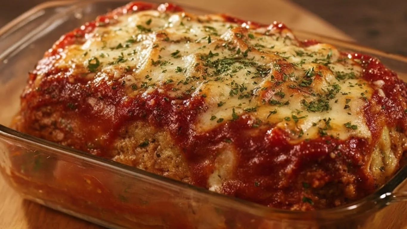 Delicious Parmesan Meatloaf on a plate garnished with herbs