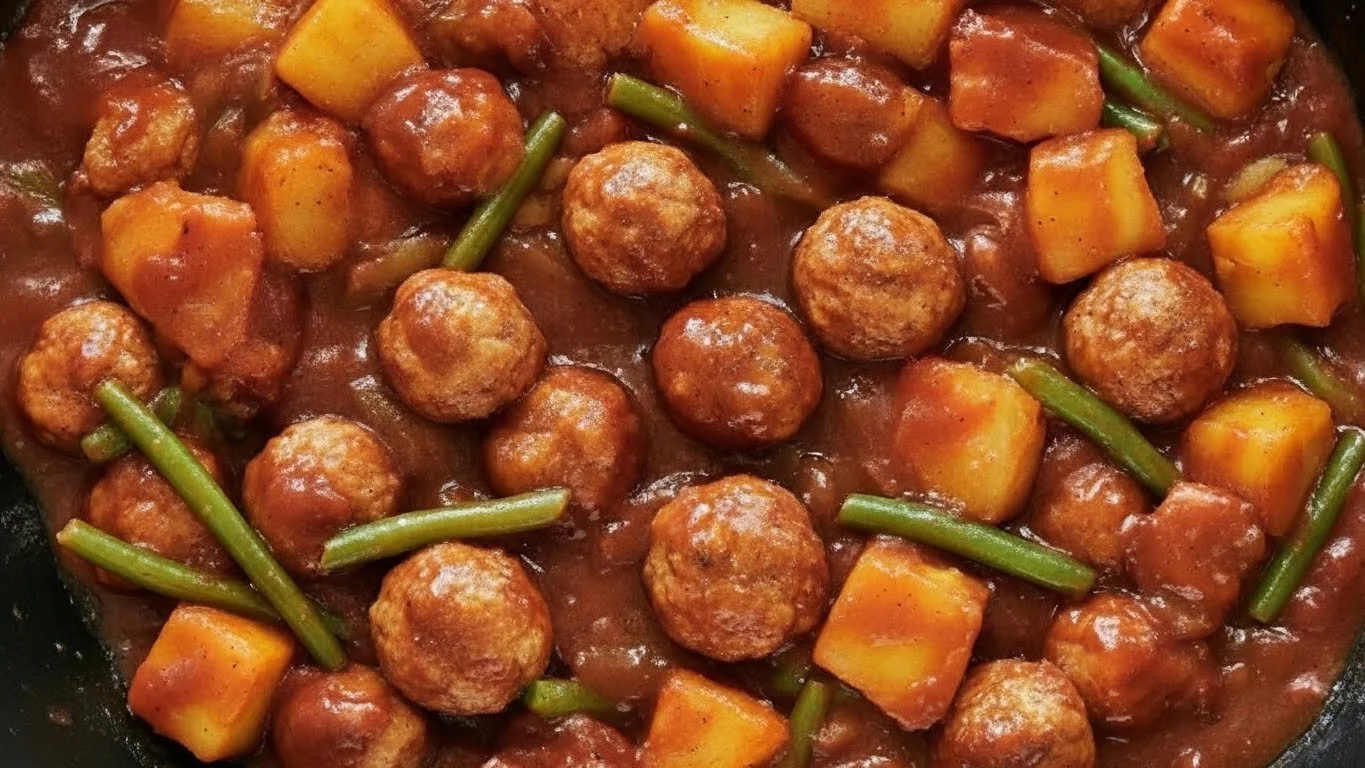 Slow Cooker BBQ Pineapple Meatballs served on a platter with pineapple chunks