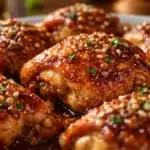 Delicious Honey Garlic Chicken Thighs cooked with a sticky garlic-honey glaze.
