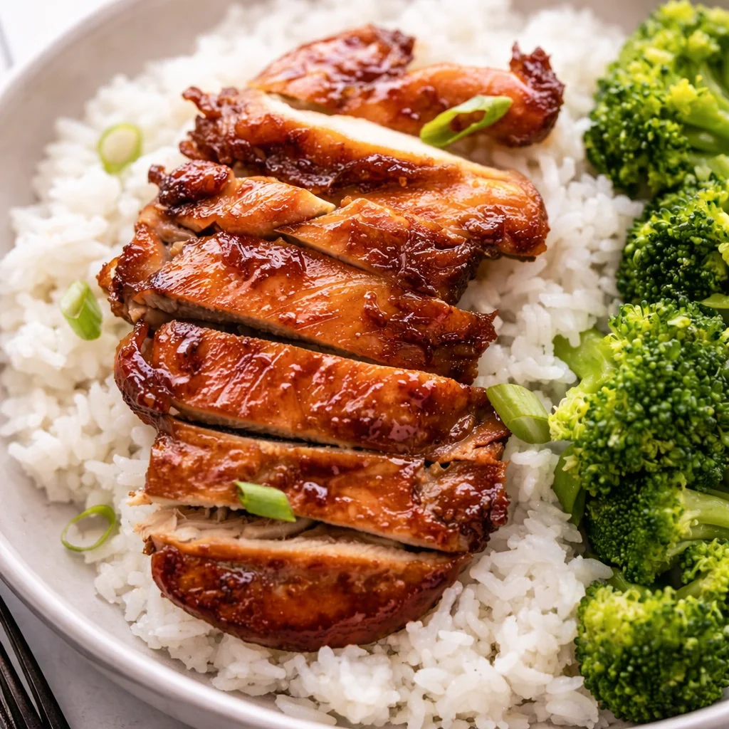 Delicious Teriyaki Style Chicken garnished with spring onions and served with rice.