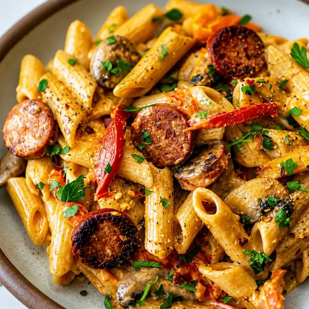 One-Pot Creamy Spicy Cajun Sausage Pasta served in a bowl with herbs and cheese