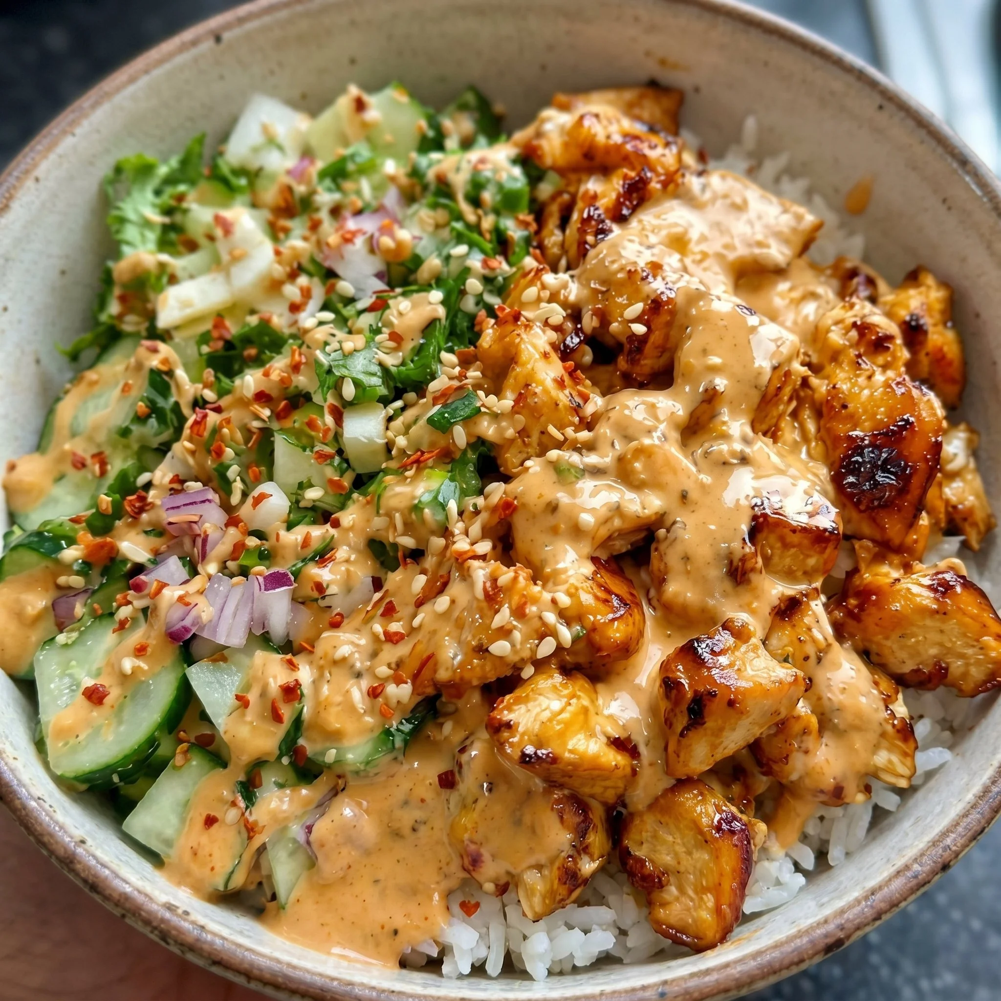 Delicious Bang Bang Chicken Bowl with vibrant vegetables and spicy sauce