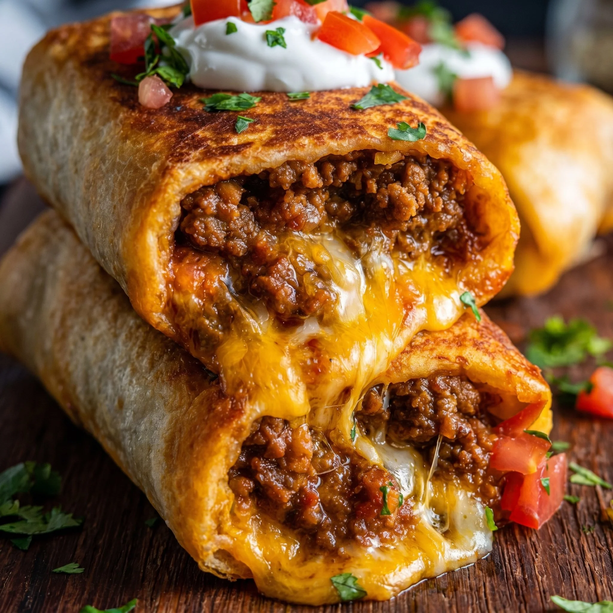 Delicious beef and cheese chimichangas served with salsa and guacamole