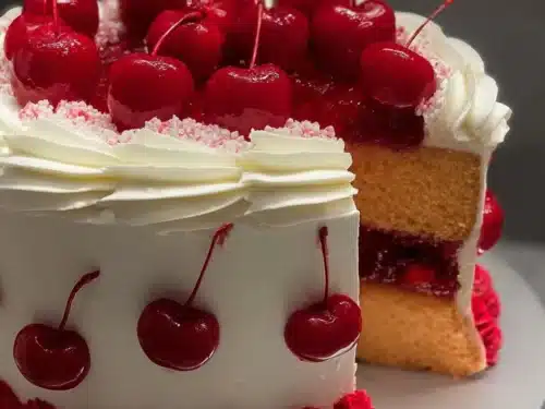 Delicious homemade cherry cake with fresh cherries and creamy frosting