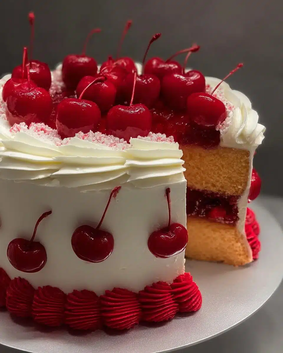 Delicious homemade cherry cake with fresh cherries and creamy frosting