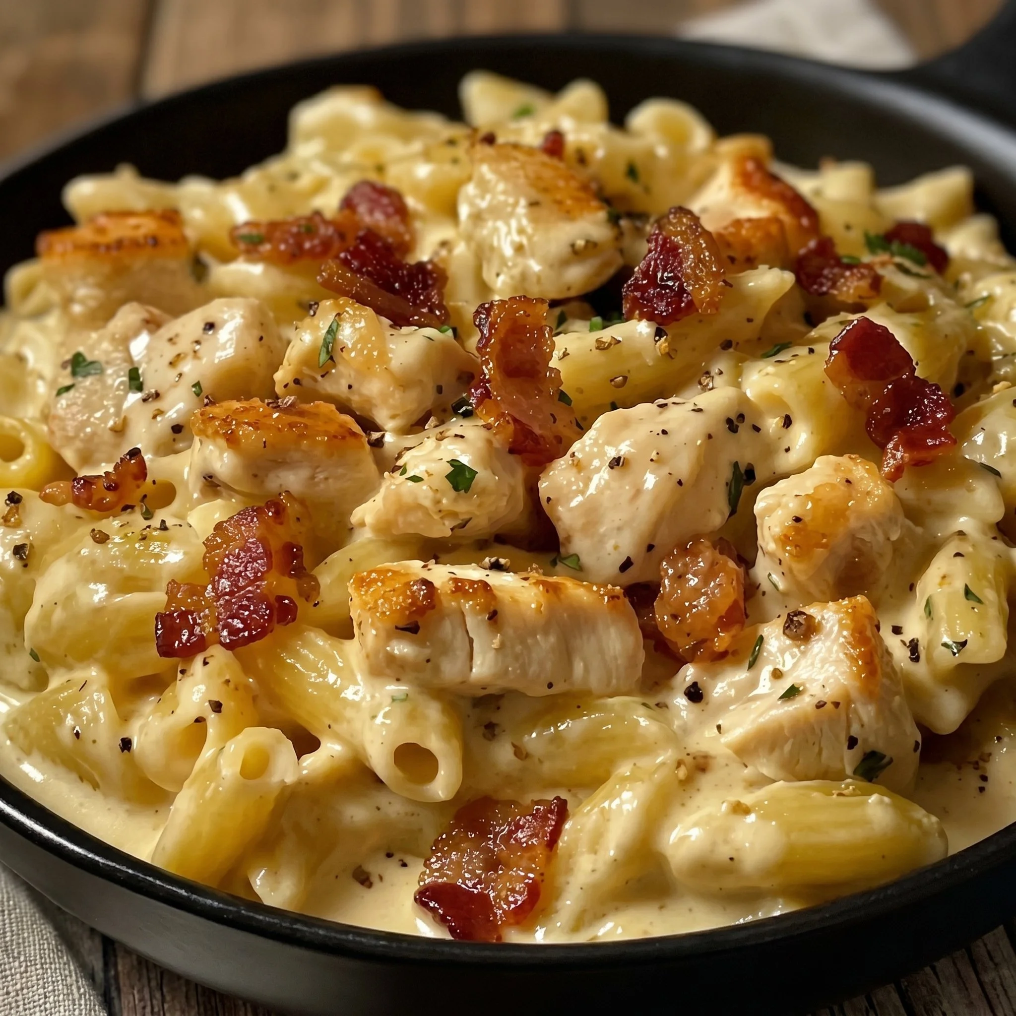 Delicious Chicken Bacon Ranch Pasta with creamy sauce, chicken, and bacon