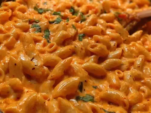 Creamy and cheesy skillet macaroni with red sauce and cream cheese