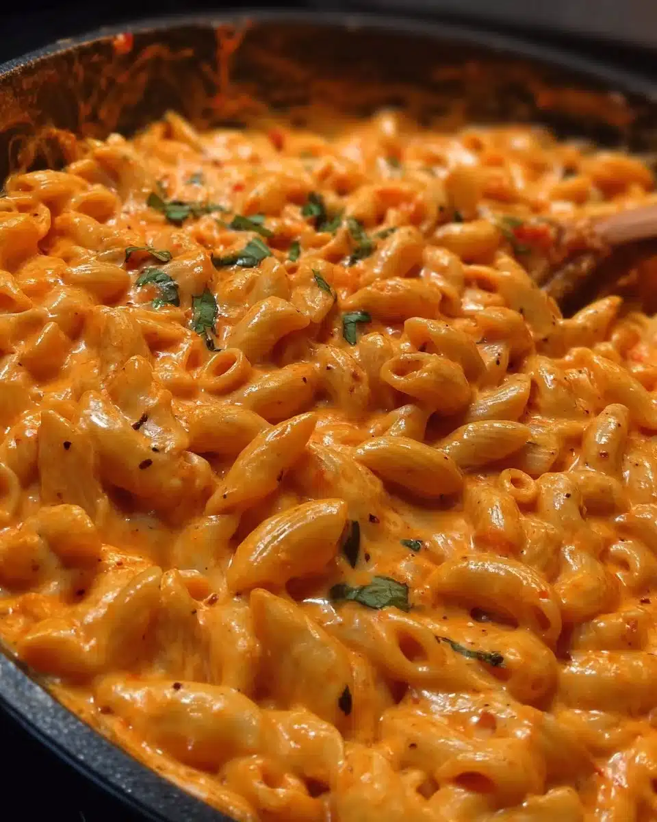 Creamy and cheesy skillet macaroni with red sauce and cream cheese