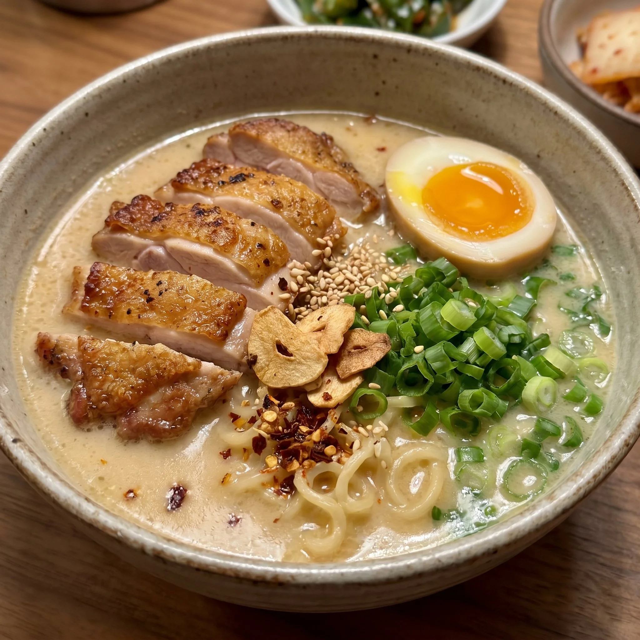 Creamy Garlic Chicken Ramen bowl with fresh ingredients and herbs