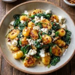 Creamy gnocchi dish with spinach and feta served on a plate