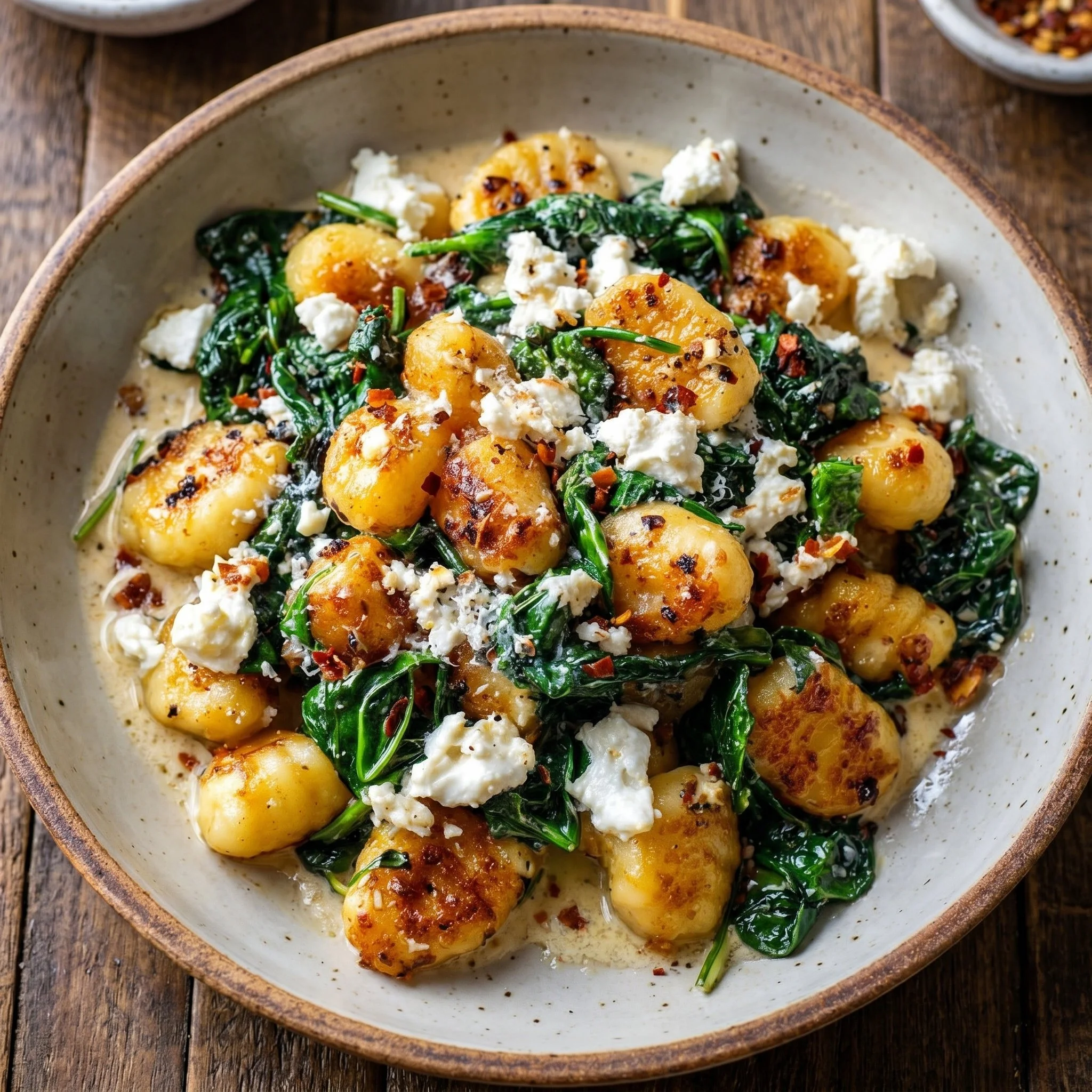 Creamy gnocchi dish with spinach and feta served on a plate