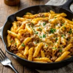 Creamy high protein beef pasta dish with noodles and beef in a savory sauce