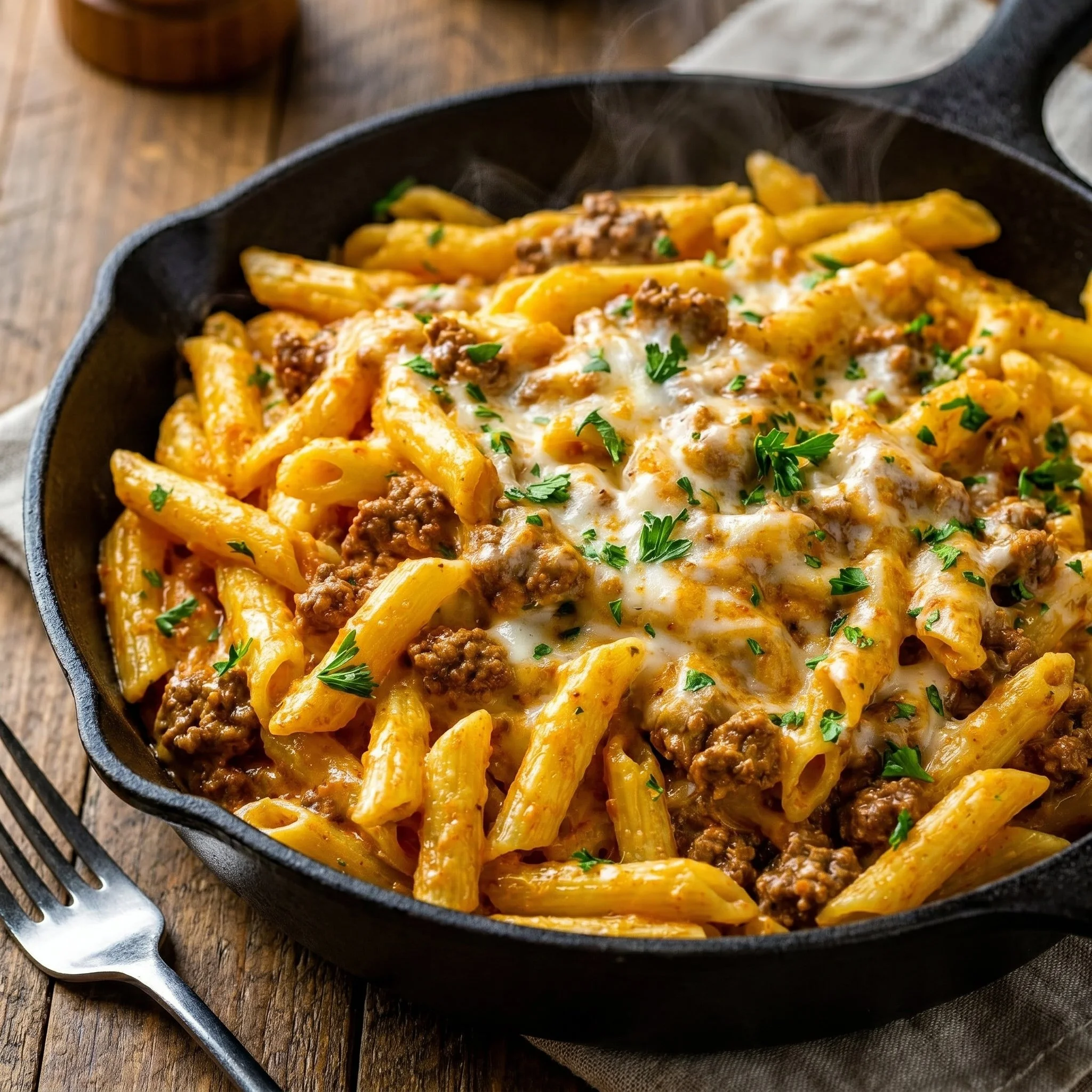 Creamy high protein beef pasta dish with noodles and beef in a savory sauce