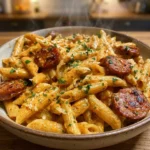 Bowl of creamy spicy Cajun sausage pasta with fresh herbs and spices