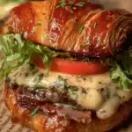 Delicious croissant smash burger with melted cheese and toppings
