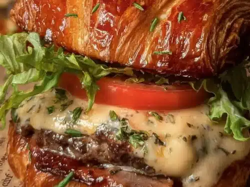 Delicious croissant smash burger with melted cheese and toppings