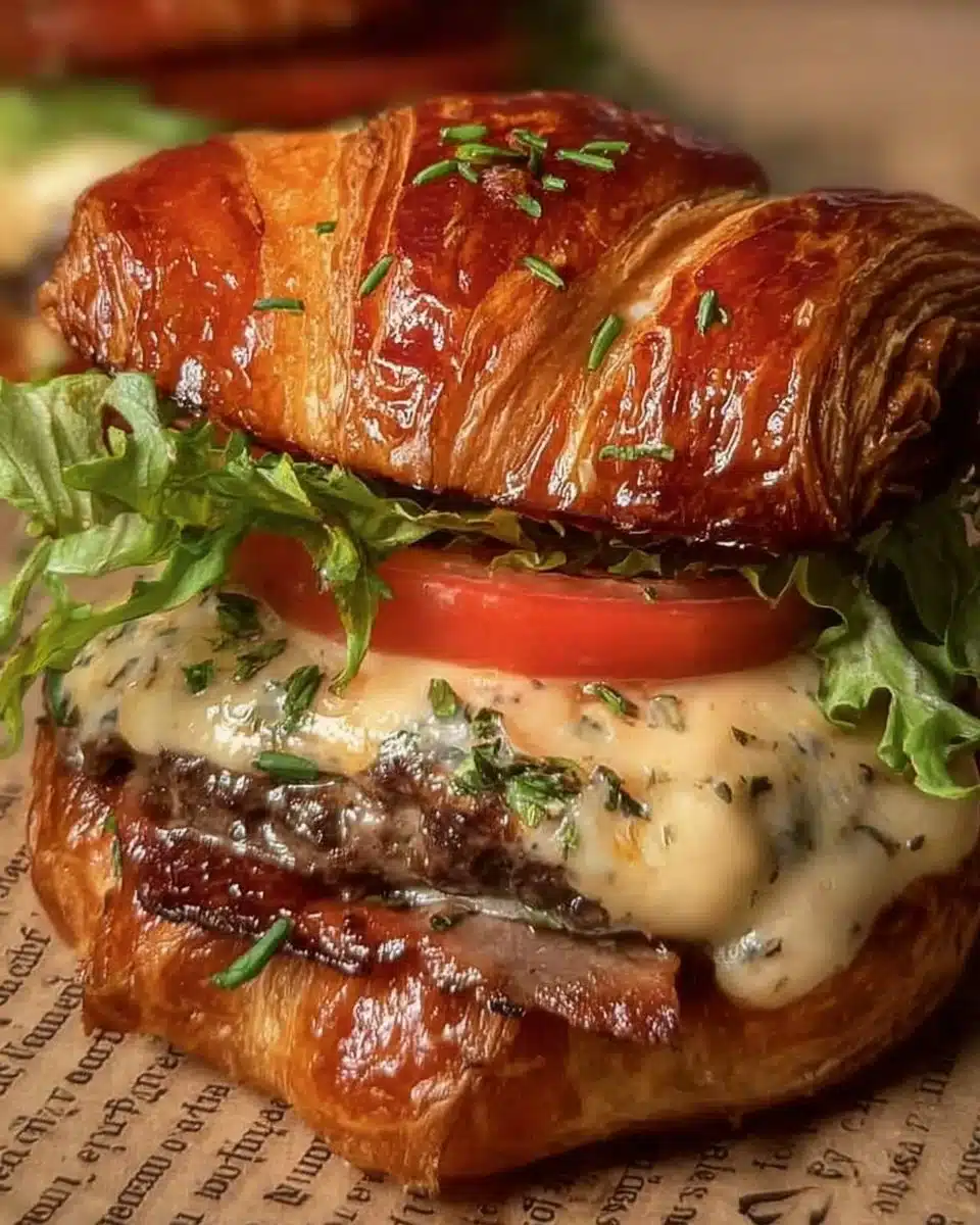 Delicious croissant smash burger with melted cheese and toppings