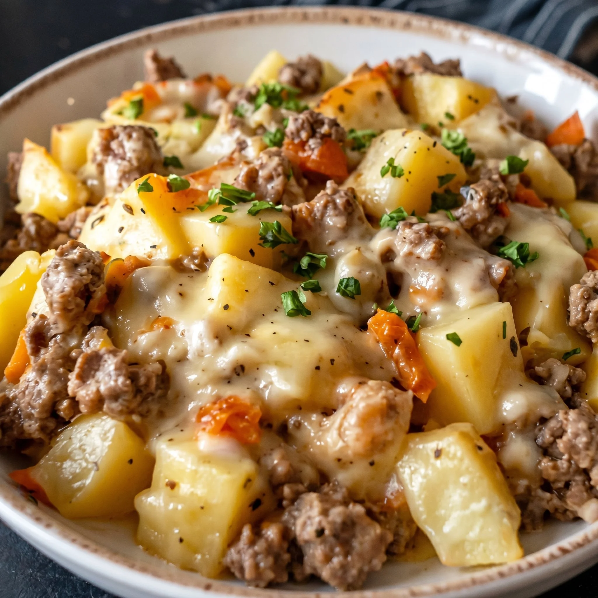 Creamy meat and potato skillet in a frying pan, ready to serve.