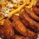 Plate of aesthetic wings and fries, showcasing delicious and visually appealing food.