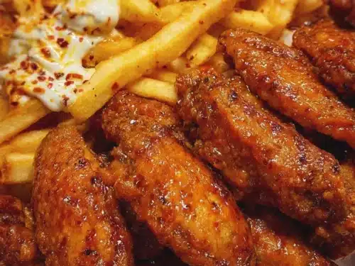 Plate of aesthetic wings and fries, showcasing delicious and visually appealing food.