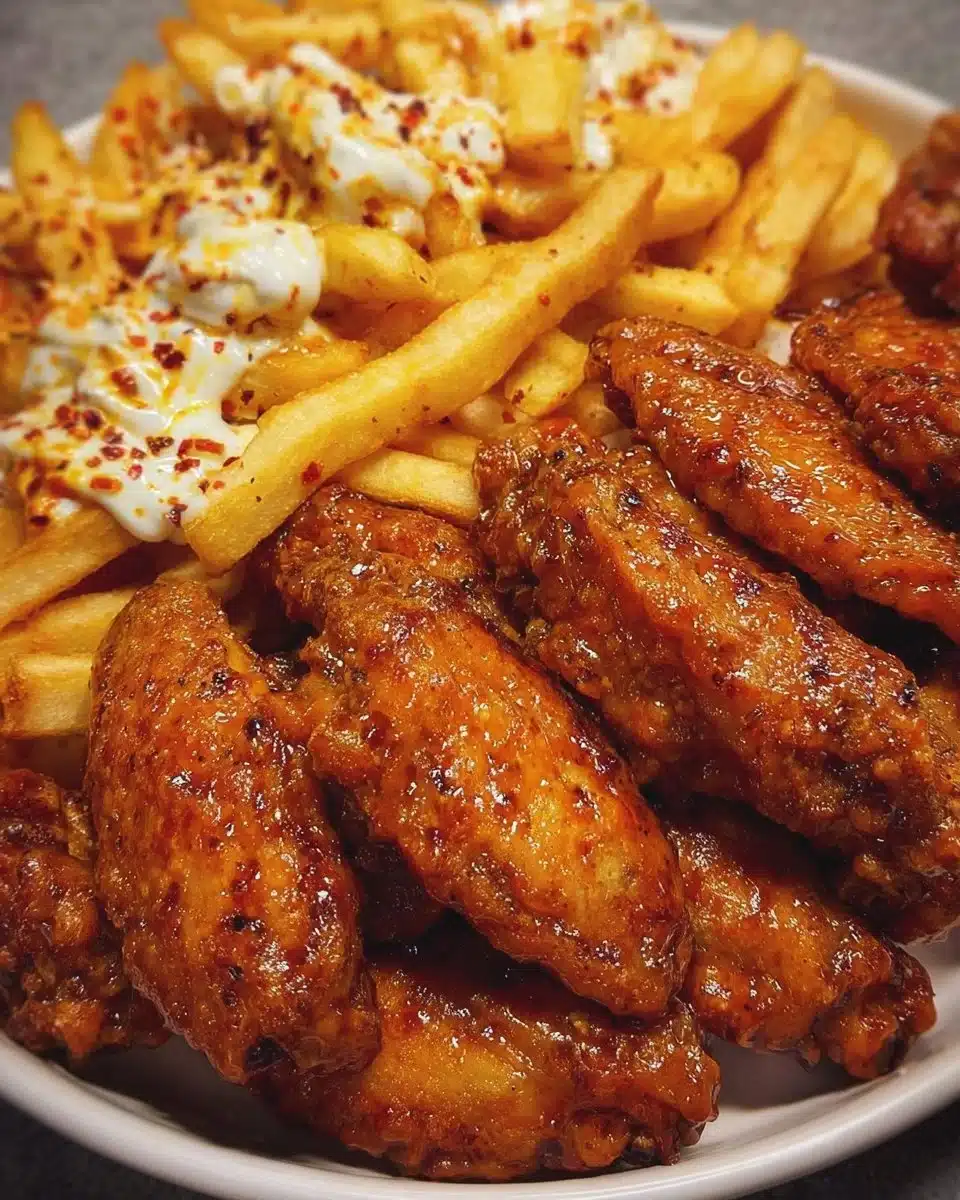 Plate of aesthetic wings and fries, showcasing delicious and visually appealing food.