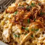 Delicious French Onion Chicken Orzo Casserole garnished with herbs