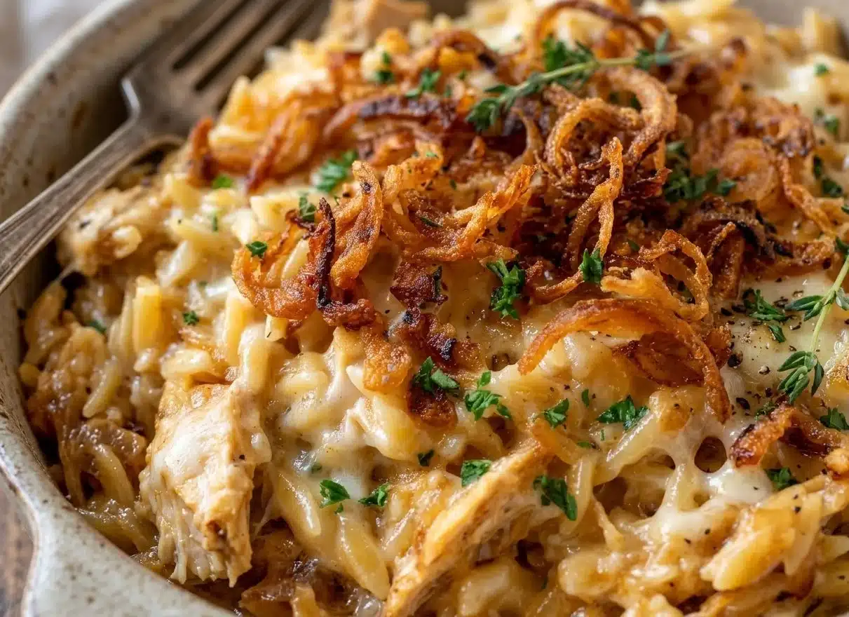 Delicious French Onion Chicken Orzo Casserole garnished with herbs
