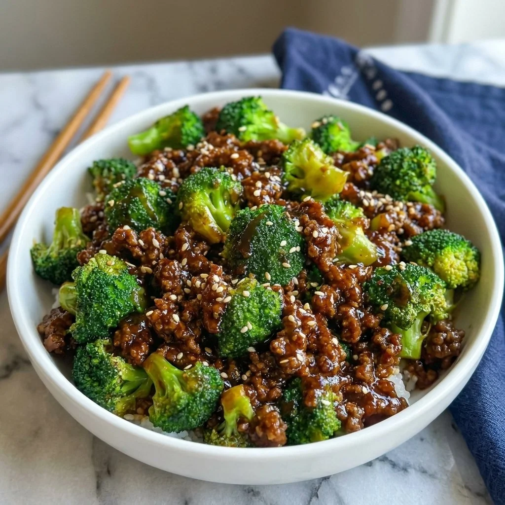 Plate of ground beef and broccoli stir-fry with rice on a wooden table