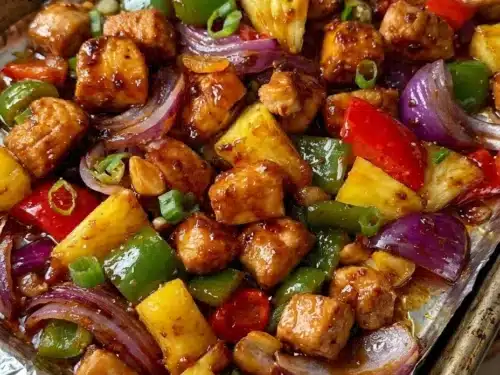 Hawaiian Chicken Sheet Pan meal with colorful vegetables and succulent chicken