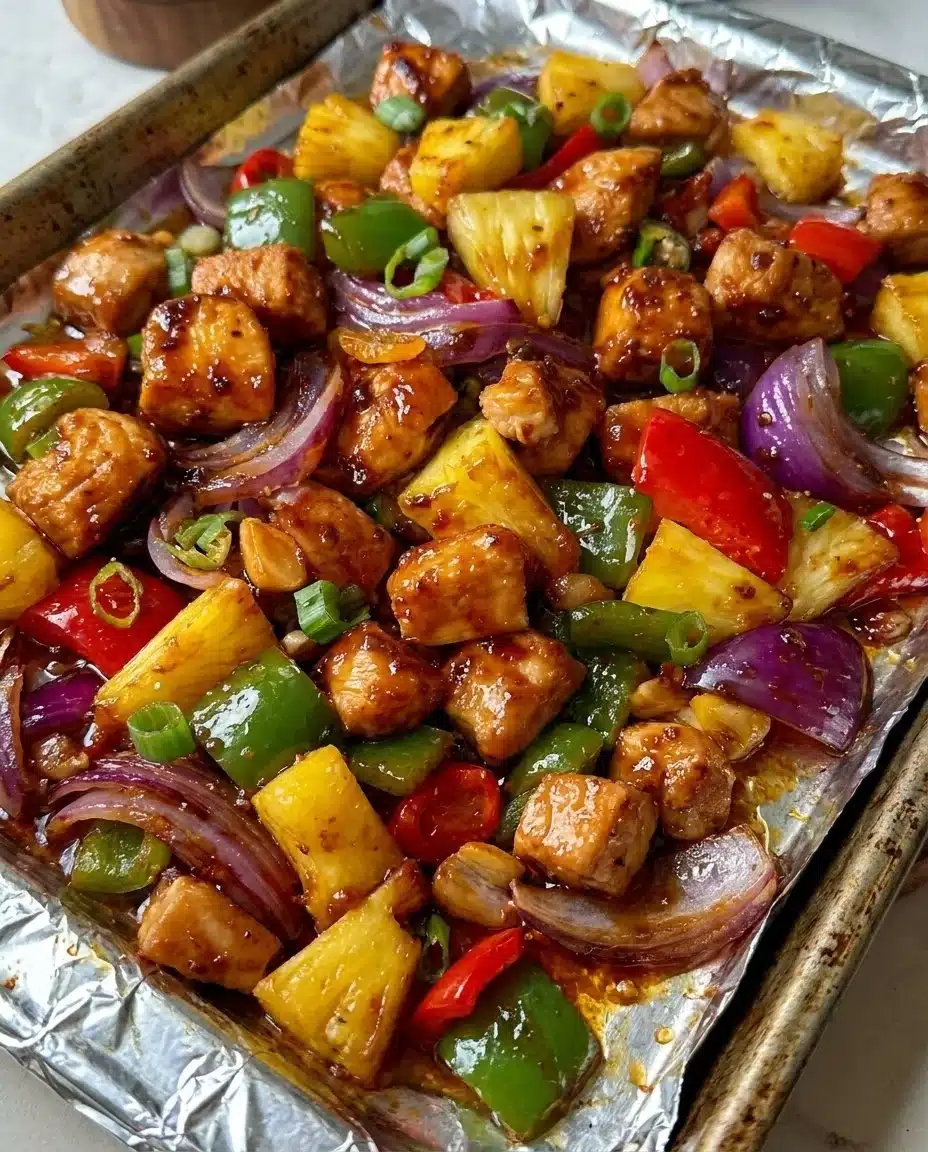 Hawaiian Chicken Sheet Pan meal with colorful vegetables and succulent chicken