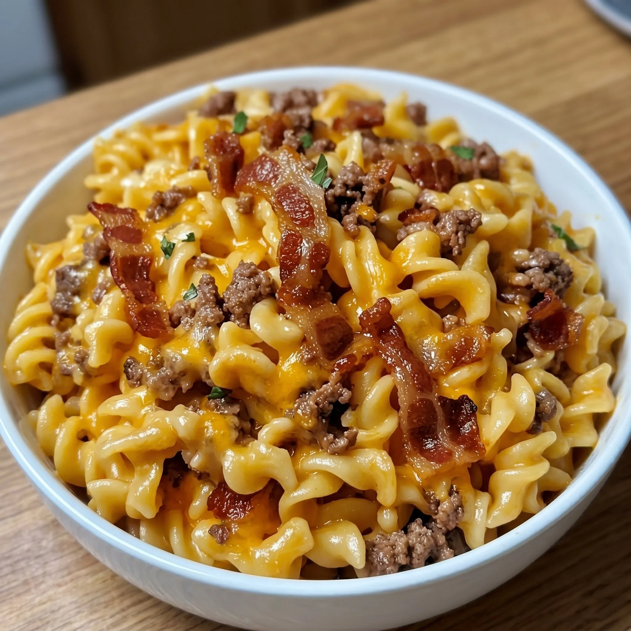 Delicious loaded bacon cheeseburger pasta topped with cheese and bacon