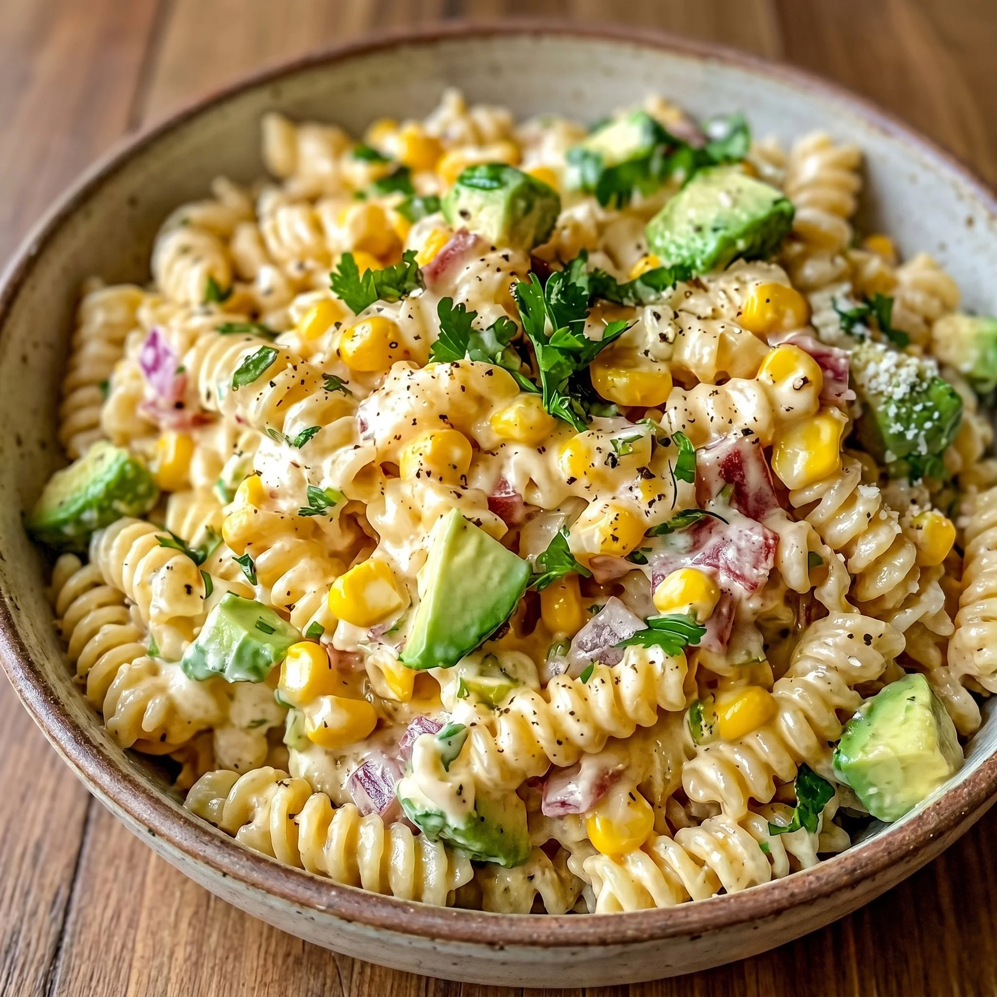 Bowl of Mexican street corn pasta salad garnished with cilantro and lime