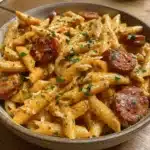 One-Pot Creamy Spicy Cajun Sausage Pasta in a skillet
