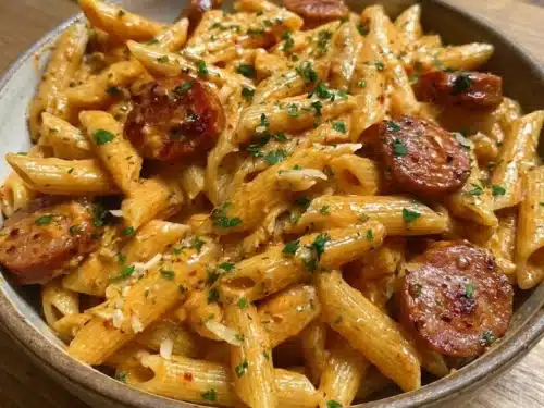 One-Pot Creamy Spicy Cajun Sausage Pasta in a skillet