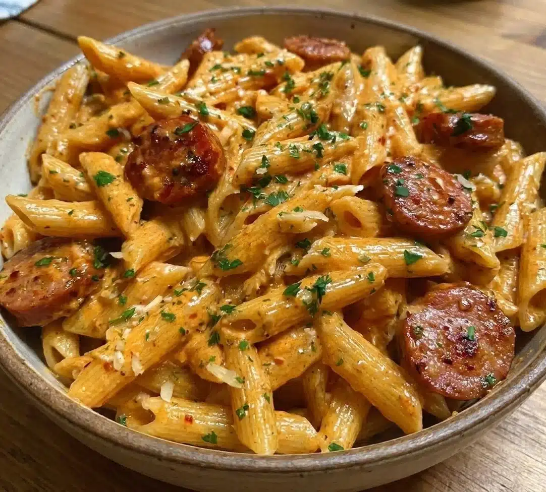 One-Pot Creamy Spicy Cajun Sausage Pasta in a skillet