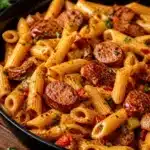 One-Pot Creamy Spicy Cajun Sausage Pasta in a skillet, garnished with herbs.